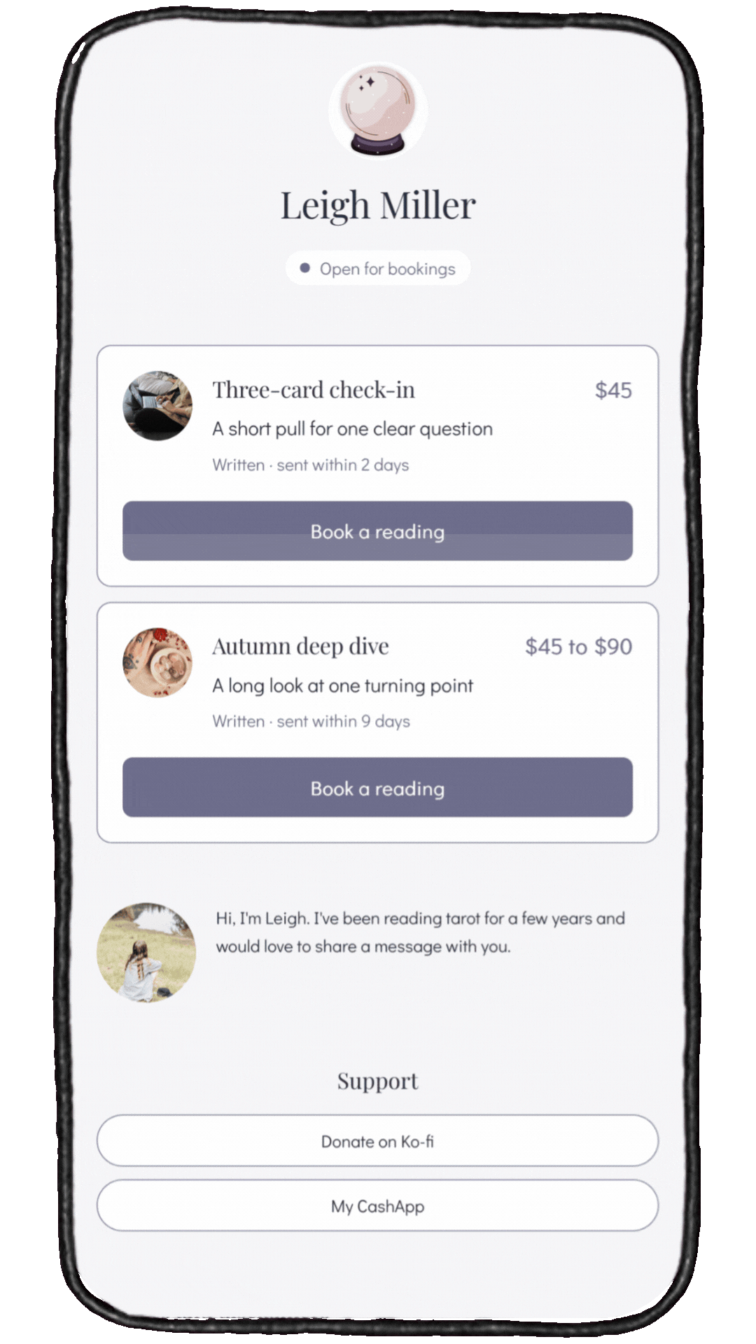 A preview of a reader profile page