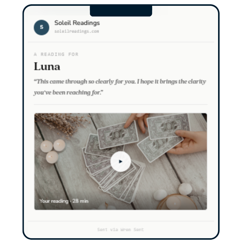A beautiful Wren Sent delivery page — named for the client, with a personal note and video ready to play