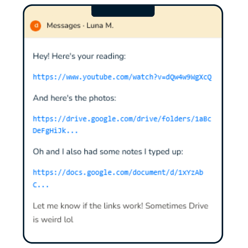 A scattered Etsy message with multiple raw links — no context, no care