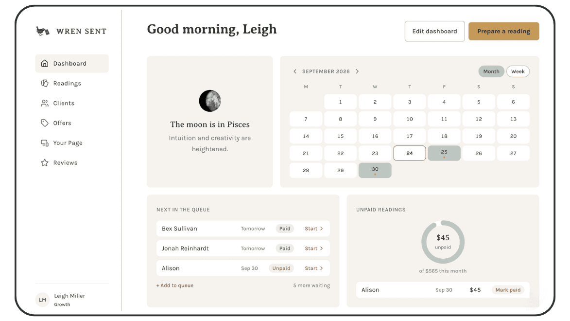 The Wren Sent dashboard bringing an independent reading practice together