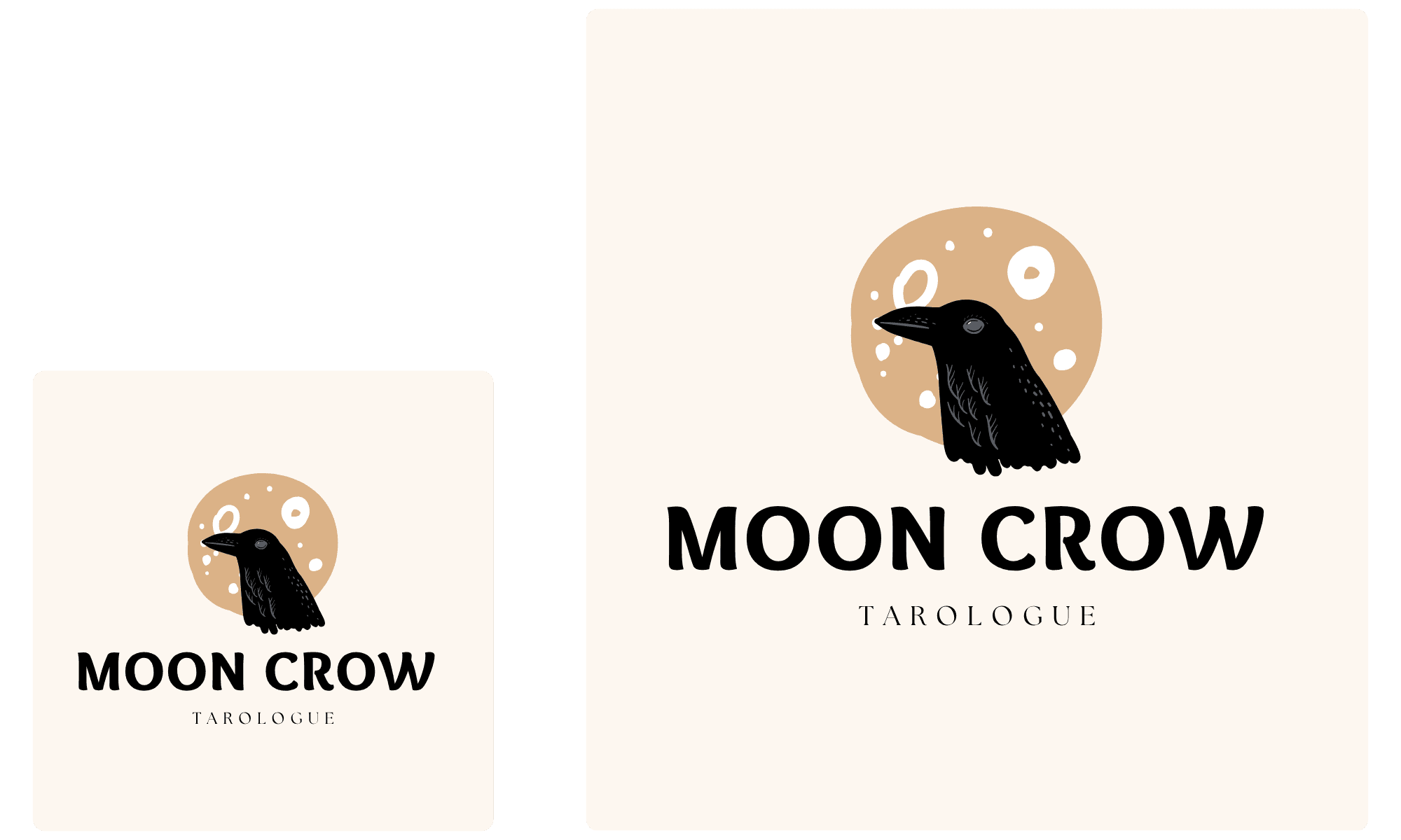Moon Crow logo shown large and reduced to test whether it remains legible at a small size.