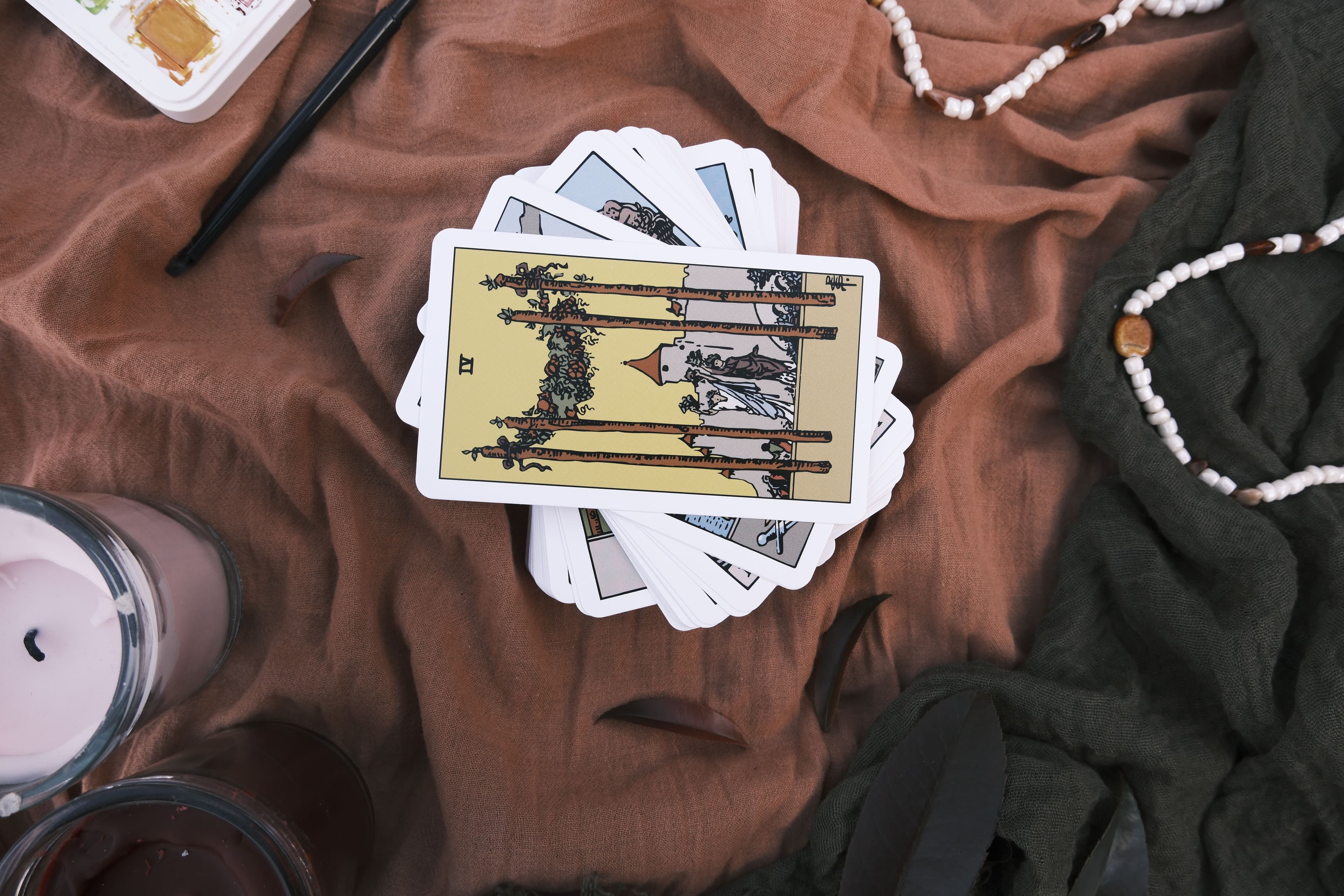 Tarot cards arranged on a cloth